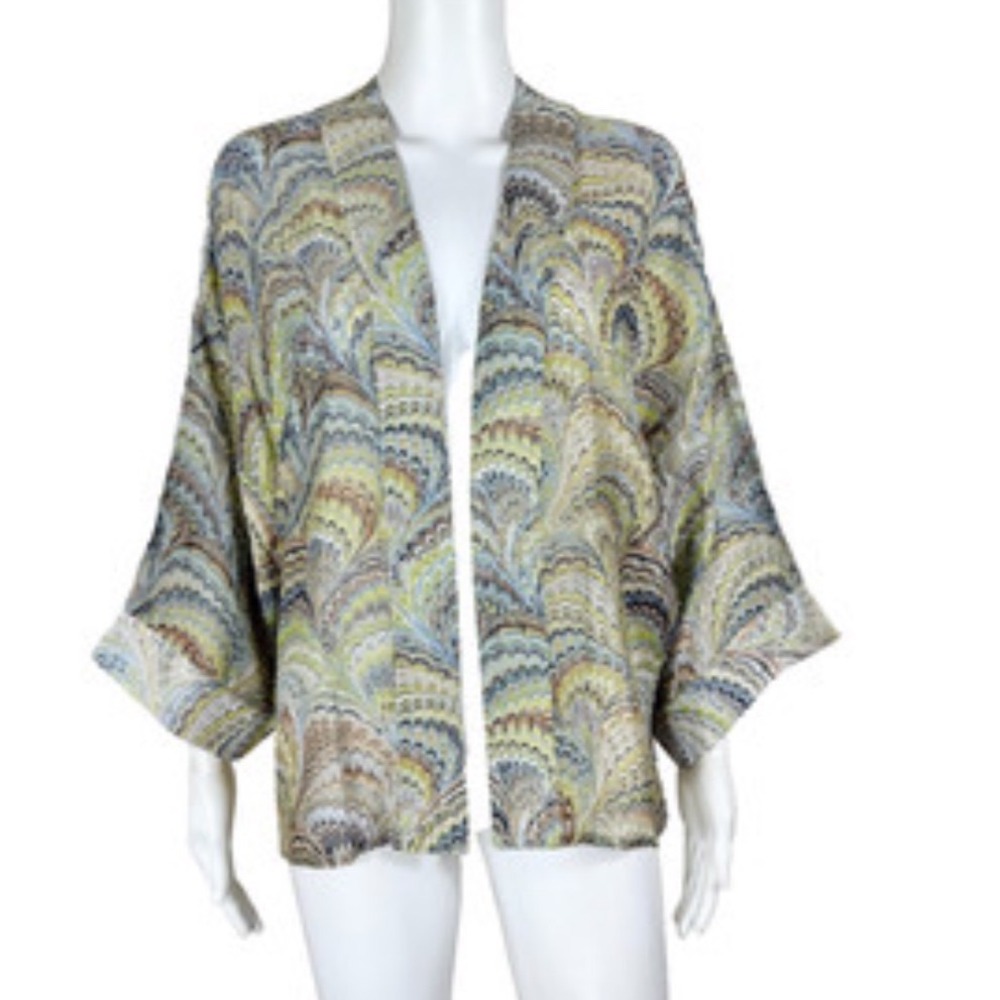 One Hundred Stars Kimono Jacket Marbled Fan‎ Print Viscose Modal Open Front NWT